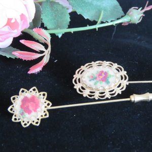 Vintage Gold Toned Petite Point Stick Pin Brooch, Embroidered Roses, Set of 2